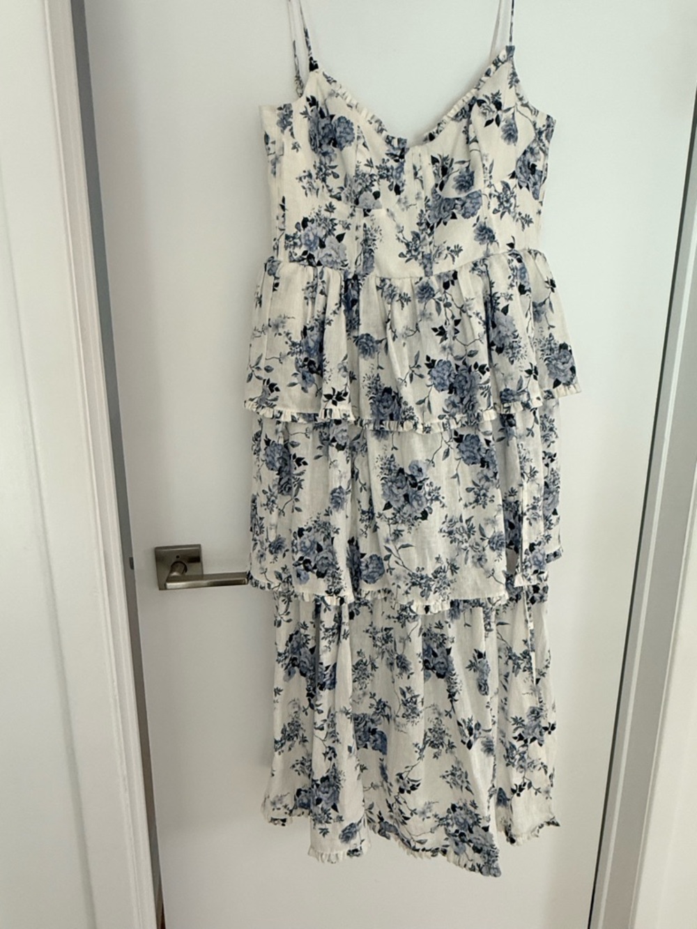 House of Harlow Tiered Floral Maxi Dress in Cream and Blue